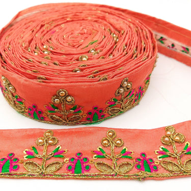 Orange Art Silk Trim In Green And Gold Embroidery, Approx. 32mm wide, Decorative Trim